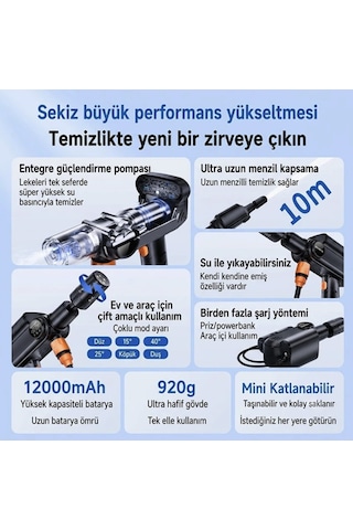 Şarjlı 60 Bar Basınçlı Araba Yıkama Temizleme Makinası Köpüklü Araba Yıkama 15 Metre Hortum Çantalı