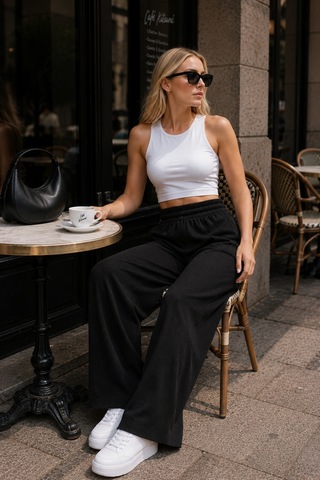 Cedy Denim Yazlık İnce Kumaş Cepsiz Yüksek Bel Lastikli Likralı Kadın Palazzo Pantolon C631 Siyah