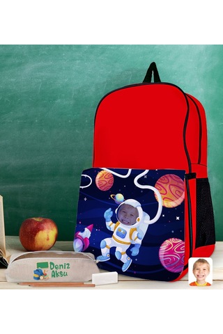 Bk Gift Kişiye Özel Astronot Tasarımlı Kırmızı Okul Çantası Ve Kalemlik Hediye Seti-1