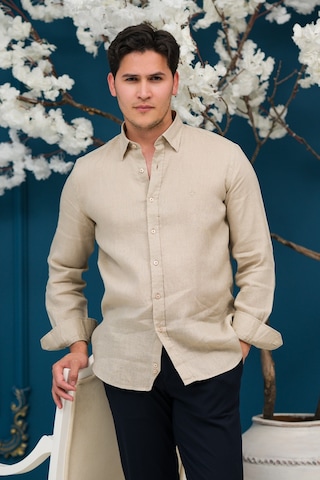 Paul Martin Regular Fit Gizli Düğmeli Yaka %100 Linen Ham Keten Gömlek Krem