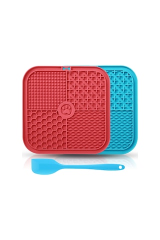 Vkemall Kedi Köpek Silikon Yavaş Yeme Padı, Stres Azaltıcı, Süper Tutuculu, 2 Adet Kırmızı-mavi + Sprey Silici