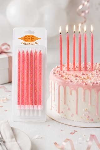 Pembe Gold Simli Uzun Pasta Mumu 17 Cm Karışık
