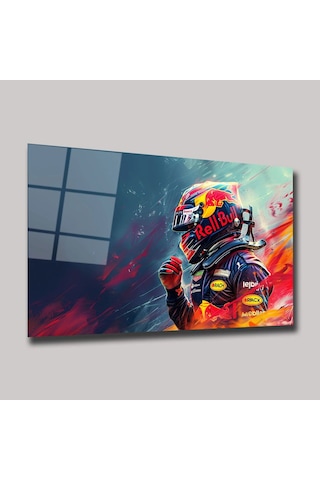 Red Bull F1 Yarış Pilotu Ve Renkli Kask Cam Tablo Yatay Deg0334