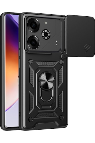 Teleplus Tecno Pova 6 Pro Kılıf Magnetik Standlı Kamera Korumalı Slide Sürgülü Cover Kapak Siyah