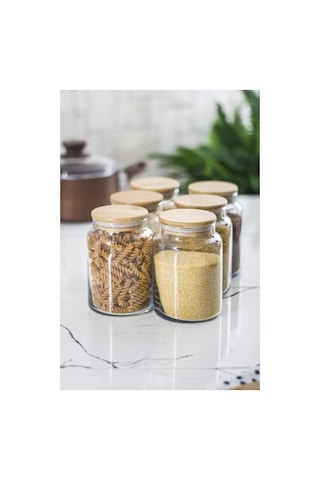 6 Lı Set Bambu Kapaklı Cam Kavanoz & Erzak Saklama Kabı 800 Ml Orta Boy Vakum Kapak Düz Renkli