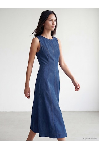 Lcw Modest İndigo Midi Kloş Jean Elbise
