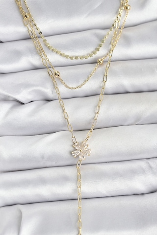 Zarif Boyunlar İçin Golden Pirinç Zirkonlu Çiçek Üçlü Kombin Y Kadın Kolye Standart