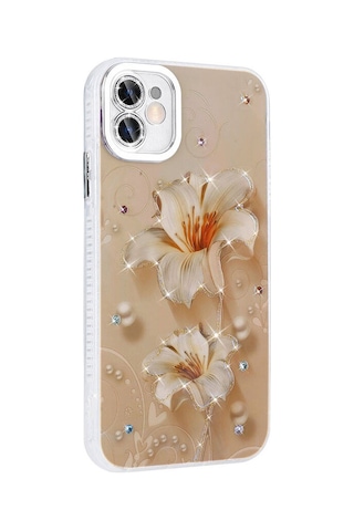 Apple Uyumlu iPhone 11 İle Çiçek Desenli Parlak Taşlı Sert Silikon Kapak