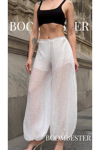 Boombester Kadın Transparan İçi Şortlu Bloomer Pantolon Salaş Rahat Kalıp Yazlık Bohem Balon Pantolon Beyaz