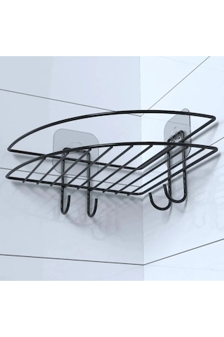 Buffer Yapışkanlı Banyo Köşeliği Kancalı Köşe Rafı Duş Şampuanlı Siyah