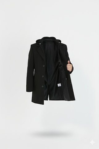 Erkek Siyah Yün Karışımlı Kaşe Kapüşonlu Önü Fermuarlı Kaban-Siyah