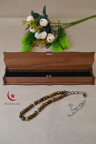 Kaplan Gözü Taşlı 33 Lü Erkek Tesbih Enerji Taşı, Ahşap Kutulu Çok Renkli