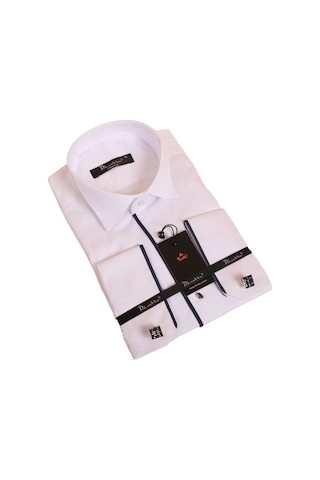 Dicotto Beyaz Lacivert Tek Bieli Damatlık Ata Yaka Kol Düğmeli Slim Fit Smokin Gömlek - 028 001