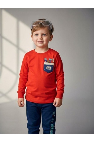 Zekids Erkek Çocuk Pamuklu Baskılı Uzun Kollu Pijama Takımı-16839 Nar