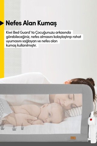 Kiwi Çocuk Yatak Koruyucu Bariyeri Ve Yatak Korkuluğu, Ekstra Dolgulu Kumaş Bed Guard Beyaz 150x65