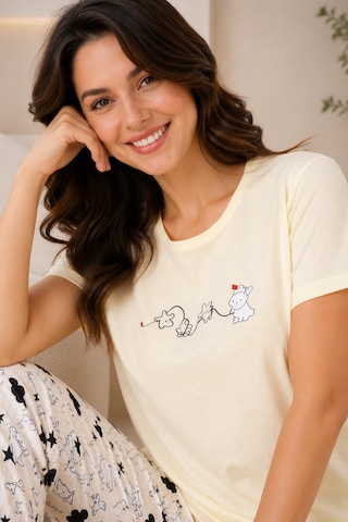 Wordex Mirano 4103 Tavşanlı Kalpli Kısa Kollu Pamuklu Kadın Pijama Takımı Sarı