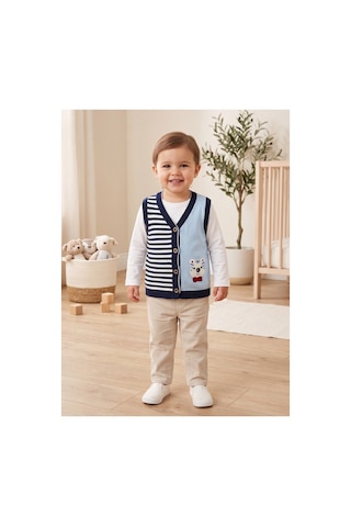 Deniva Kids Unisex Bebek & Çocuk Çizgili Ayıcık Nakışlı Düğmeli Triko Yelek Süveter Beyaz