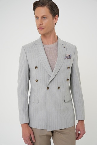 Efor Slim Fit Çift Yırtmaç Çizgili Kruvaze Casual Gri Ceket C 704 Gri