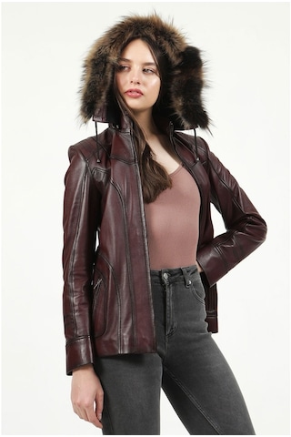 Dericlub Yb-2096 Kapşonlu Gerçek Deri Kadın Kaban