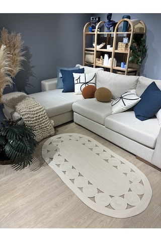 Mavaux Krem Jüt Hasırlı El Örgüsü Kilim Beyaz