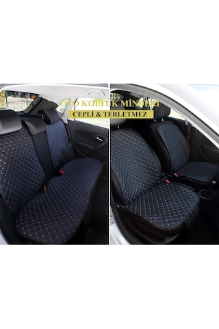 Tay Tüyü Cepli & Terletmez Sırtlı Oto Koltuk Minderi Seti - Koltuk Koruma Kılıfı Ön & Arka Tam Set Siyah-mavi