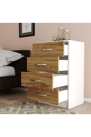 Moxen Mobilya Beyaz- Ceviz 4 Çekmeceli Komodin KMD4002