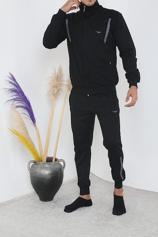 Erkek Dik Yaka Fermuarlı Eşofman Takım - Siyah Siyah