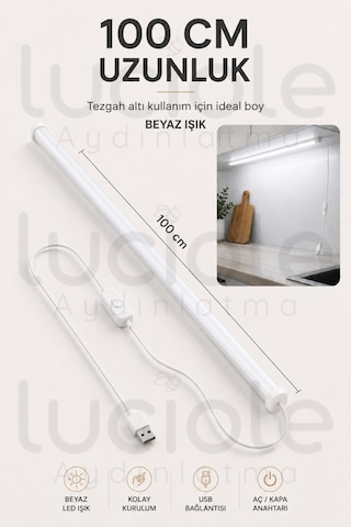Usb Dolap Altı Led Aydınlatma 100 Cm Beyaz Işık Anahtarlı Yapışkanlı Mutfak Raf Lambası