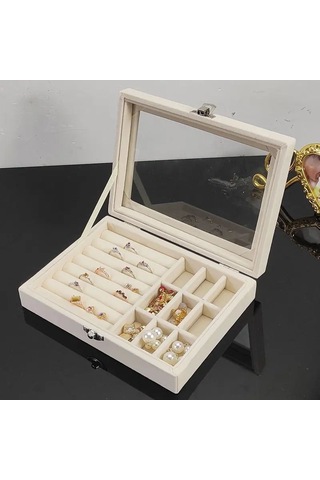 Springsun Gri Yeni Model Kadife Kapaklı Toz Koruyucu, Metal Paslanmayan Yüzük-küpe-çiçek Takı Saklama Kutusu 20x15.5x5 Cm Gri