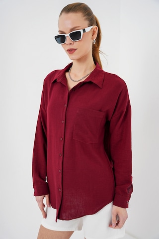 Bigdart 20153 Tek Cepli Oversize Keten Gömlek - Bordo