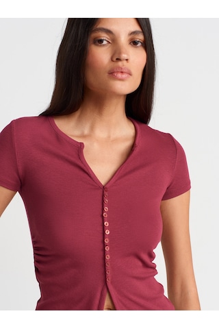Dilvin 31838 Düğmeli Kısa Kollu Top-açık Bordo Açık Bordo