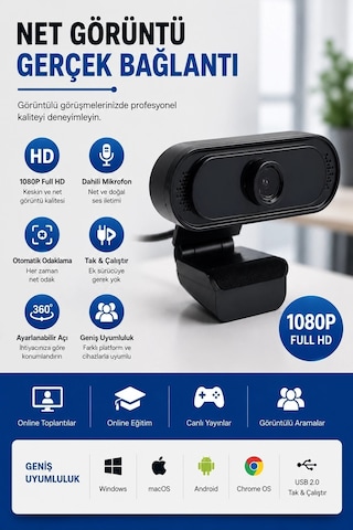 Webcam 1080p Hd Konferans Kamera Dahili Mikrofon Görüntülü Sohbet Yayın Kamerası Hd Video Ae-112
