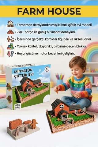 770 Parçalı Minyatür Tuğlalı Gerçekci Çiftlik Evi Tasarımlı Eğitici Oyuncak Yapı Seti