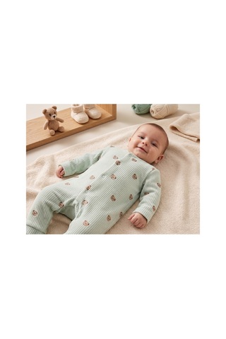 Deniva Kids Erkek Bebek Mint Yeşili Ayıcık Desenli Fitilli Kaşkorse Çıtçıtlı Tulum - Mint Yeşili 3-6 Ay
