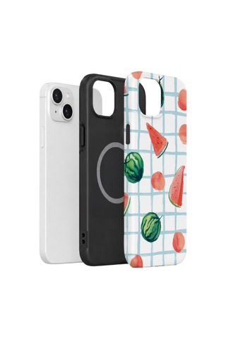 Apple iPhone Uyumlu 15 Vorian Çift Katmanlı Magsafe Kılıf Watermelon Grid