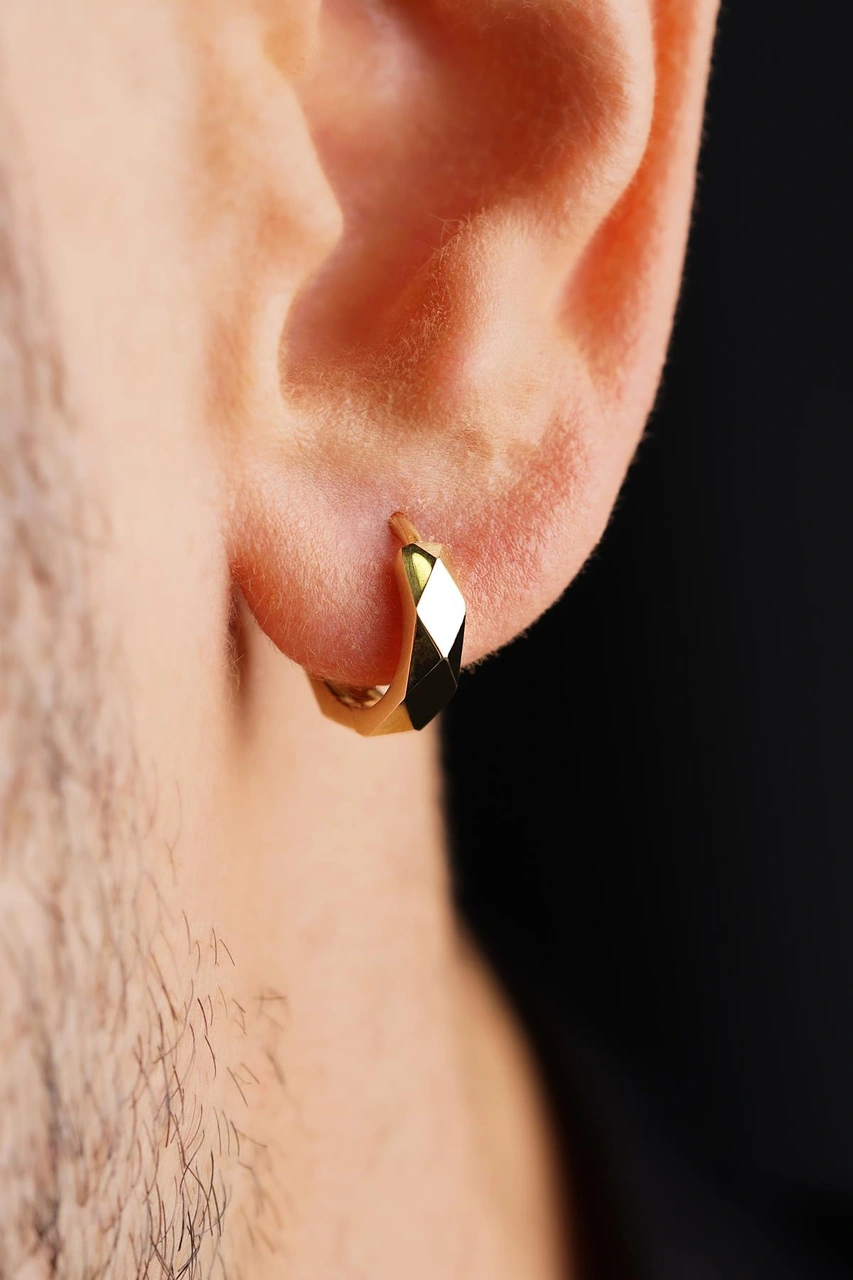 14 Ayar Altın Asimetrik Kesim Halka Küpe Erkek Kp3152-e Beyaz Altın