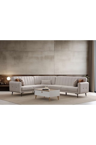 Bona 2 + C Köşe+2' Li Köşe Takımı Bej Valebo-03 Ceviz Ayak Bej