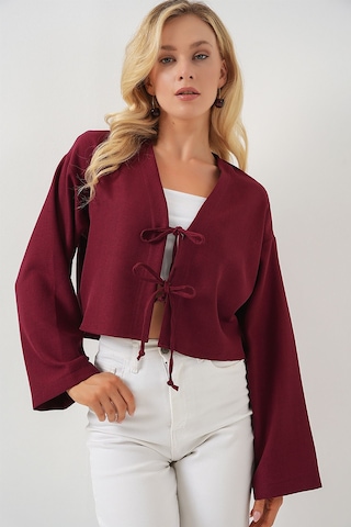 Hiccup Bdart Keten Karışımlı Bağlama Detaylı Uzun Kollu Kimono Bordo - Kırmızı