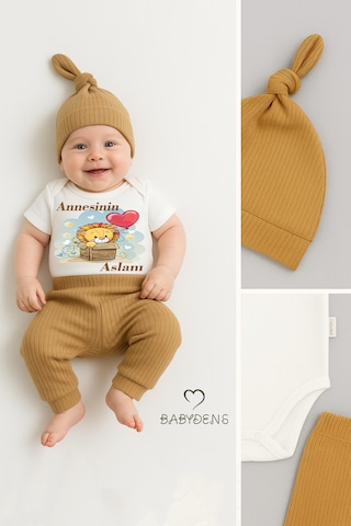 Babyden's Annesinin Aslanı Yazılı 3 Lü Bebek Takımı %100 Pamuk Çıtçıtlı Zıbın, Fitilli Pantolon Ve Şapka Kahverengi