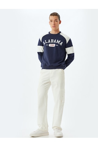 Koton Kolej Baskılı Sweatshirt Bisiklet Yaka Renk Bloklu Pamuklu Lacivert 5wam70181mk Lacivert