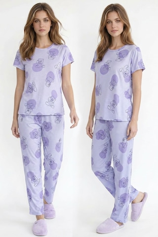 Kompedan Kadın Bisiklet Yaka Yumuşak Dokulu Büyük Ayıcık Desenli Kısa Kol Pijama Takım Lila 70132-4663