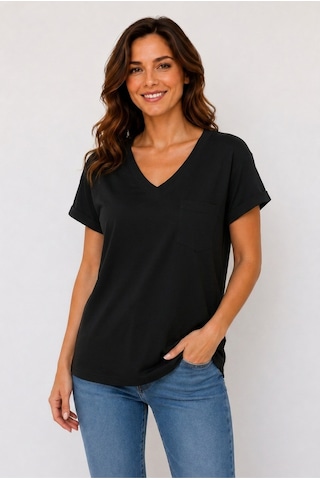 Lyvean V Yaka Cepli Oversize Tshırt Siyah