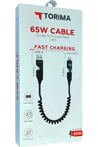 Torima Çok Amaçlı 65w Spiral Kablo Apple Uyumlu iPhone, Android Ve Type-c 4 Başlık Bir Arada U110