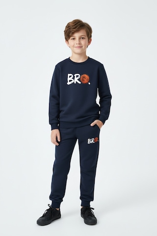 Fyk Kids 3 İplik Kalın Yuvarlak Yaka Bro Basketbol Baskı Detaylı Kışlık Erkek Çocuk Eşofman Takımı Lacivert