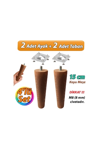Ahşap Ayak 15 Cm 4'lü Set Koyu Meşe M8 Civatalı Bağlantı Aparatlı Dolap Mobilya Koltuk Kanepe Destek Ayağı Ayakları Koyu Meşe