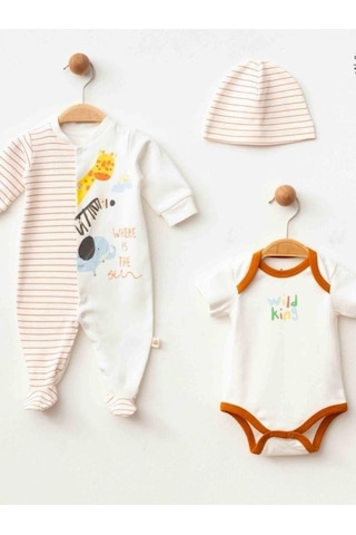Zekids 3 Lü Organik Bebek Safari Desenli Şapkalı Tulum Seti-16187 Çok Renkli