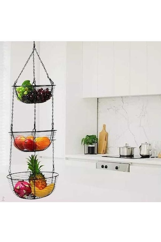 Novahub Demir Asılı Meyve Sepeti Retro, 3 Katmanlı Organizatör, Paslanmaz, Mutfak Dekorasyonu Siyah