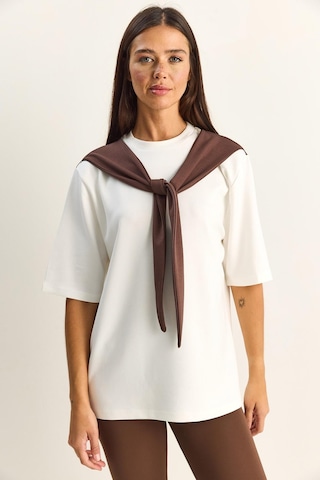 Shade Kadın Şal Detaylı Oversize Basic T-shirt 1094 60286118 - Beyaz-kahve Beyaz - Kahverengi