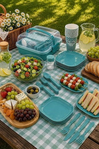 Titiz Lovely 32 Parça 6 Kişilik Piknik Seti Bpa Free Kapaklı Taşınabilir Piknik Sepeti Çok Renkli