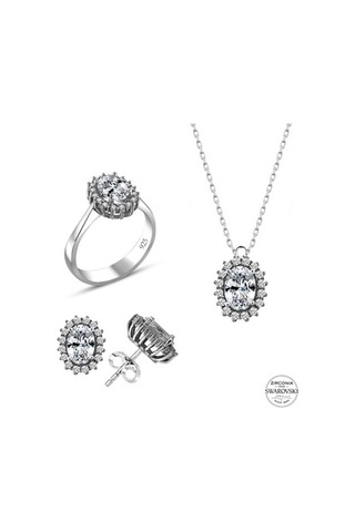 Sertifikalı Swarovski Oval Kesim Tek Taş 925 Gümüş Set